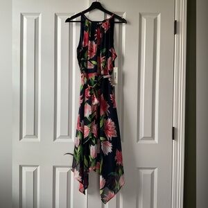 NWT Eliza J Navy Asymmetrical Floral Dress